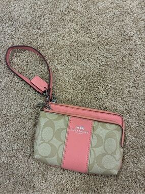 Coach Pink Trim Signature Canvas Wristlet in Khaki